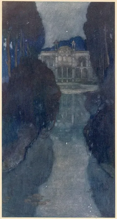 Framed Print : The Arabian Nights, illustration by Edmund Dulac. The Story of the Magic Horse. In the garden of the summer palace all was silence and solitude. Date: 1907 Framed Print : The Arabian Nights, illustration by Edmund Dulac. The Story of the Magic Horse. In the garden of the summer palace all was silence and solitude. Date: 1907