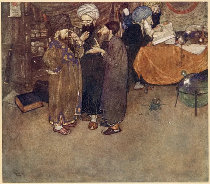 Framed Print : The Arabian Nights, illustration by Edmund Dulac. The Story of the Magic Horse. It was in vain that all the wisest physicians in the country were summoned into consultation. Date: 1907 Framed Print : The Arabian Nights, illustration by Edmund Dulac. The Story of the Magic Horse. It was in vain that all the wisest physicians in the country were summoned into consultation. Date: 1907