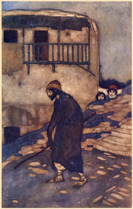 Framed Print : The Arabian Nights, illustration by Edmund Dulac. The Story of the Magic Horse. For many months he travelled without clue. Date: 1907 Framed Print : The Arabian Nights, illustration by Edmund Dulac. The Story of the Magic Horse. For many months he travelled without clue. Date: 1907