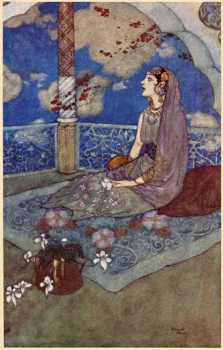 Framed Print : The Arabian Nights, illustration by Edmund Dulac. The Story of the Magic Horse. And ever with the tears falling down from her eyes she sighed and sang. Date: 1907 Framed Print : The Arabian Nights, illustration by Edmund Dulac. The Story of the Magic Horse. And ever with the tears falling down from her eyes she sighed and sang. Date: 1907