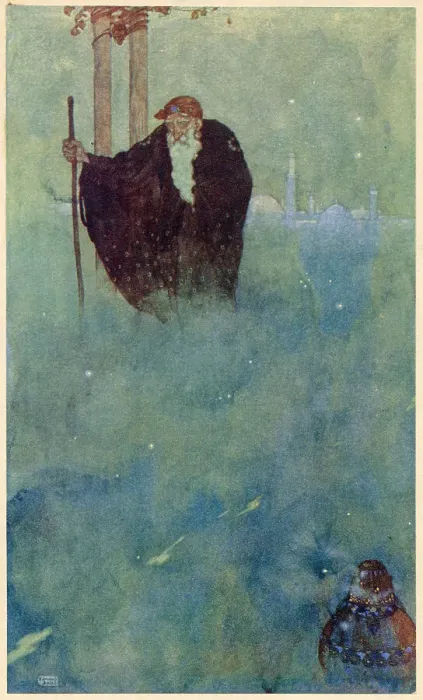 Framed Print : The Arabian Nights, illustration by Edmund Dulac. The Story of the Wicked Half-Brothers. There appeared before him an old man of venerable appearance. Date: 1907 Framed Print : The Arabian Nights, illustration by Edmund Dulac. The Story of the Wicked Half-Brothers. There appeared before him an old man of venerable appearance. Date: 1907