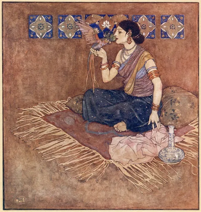 Framed Print : The Arabian Nights, illustration by Edmund Dulac. The Story of the Wicked Half-Brothers. Pirouze, the fairest and most honourably born Date: 1907 Framed Print : The Arabian Nights, illustration by Edmund Dulac. The Story of the Wicked Half-Brothers. Pirouze, the fairest and most honourably born Date: 1907