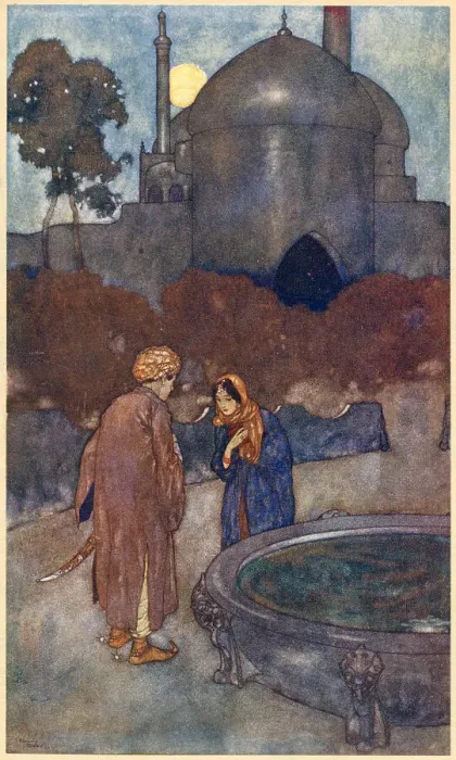 Framed Print : The Arabian Nights, illustration by Edmund Dulac. The Story of the Wicked Half-Brothers. The lady advanced to meet him Date: 1907 Framed Print : The Arabian Nights, illustration by Edmund Dulac. The Story of the Wicked Half-Brothers. The lady advanced to meet him Date: 1907