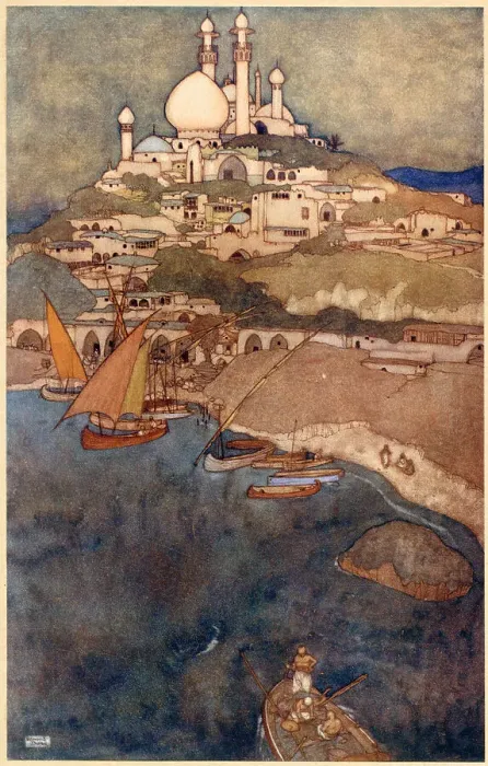 Framed Print : The Arabian Nights, illustration by Edmund Dulac. The Story of the Princess of Deryabar. A city among the Isles named Deryabar Date: 1907 Framed Print : The Arabian Nights, illustration by Edmund Dulac. The Story of the Princess of Deryabar. A city among the Isles named Deryabar Date: 1907