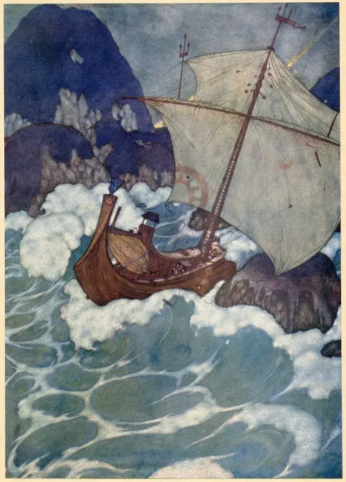 Framed Print : The Arabian Nights, illustration by Edmund Dulac. The Story of the Princess of Deryabar. The ship struck a rock. Date: 1907 Framed Print : The Arabian Nights, illustration by Edmund Dulac. The Story of the Princess of Deryabar. The ship struck a rock. Date: 1907