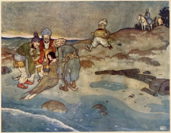 Framed Print : The Arabian Nights, illustration by Edmund Dulac. The Story of the Princess of Deryabar. And presently, feeling myself lifted by men's hands Date: 1907 Framed Print : The Arabian Nights, illustration by Edmund Dulac. The Story of the Princess of Deryabar. And presently, feeling myself lifted by men's hands Date: 1907