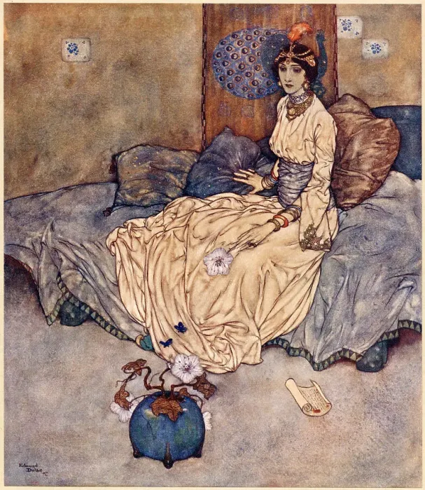 Framed Print : The Arabian Nights, illustration by Edmund Dulac. The Story of the Princess of Deryabar. The Princess of Deryabar. Date: 1907 Framed Print : The Arabian Nights, illustration by Edmund Dulac. The Story of the Princess of Deryabar. The Princess of Deryabar. Date: 1907