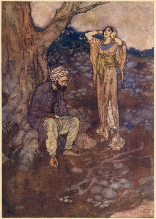Framed Print : The Arabian Nights, illustration by Edmund Dulac. The Story of the Princess of Deryabar. She found to her grief the place where Codadad had lain left vacant. Date: 1907 Framed Print : The Arabian Nights, illustration by Edmund Dulac. The Story of the Princess of Deryabar. She found to her grief the place where Codadad had lain left vacant. Date: 1907