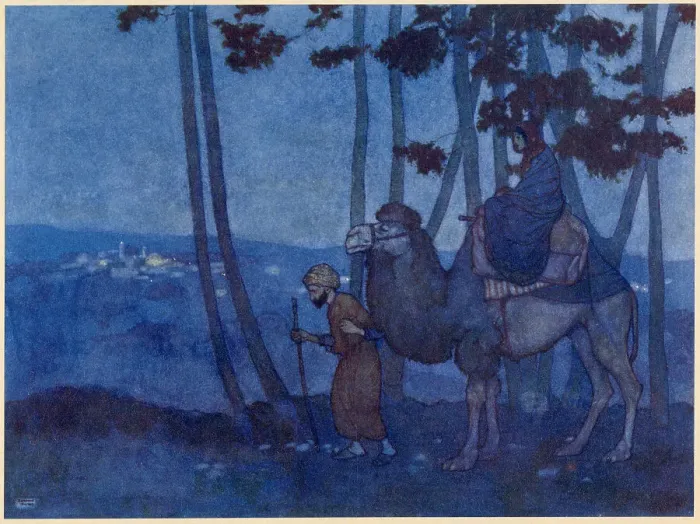 Framed Print : The Arabian Nights, illustration by Edmund Dulac. The Story of the Princess of Deryabar. She and her companion arrived at the city of Harran. Date: 1907 Framed Print : The Arabian Nights, illustration by Edmund Dulac. The Story of the Princess of Deryabar. She and her companion arrived at the city of Harran. Date: 1907