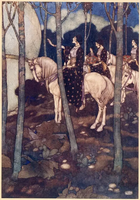 Framed Print : The Arabian Nights, illustration by Edmund Dulac. The Story of the Princess of Deryabar. After these, maidens on white horses, with heads unveiled, bearing in their hands baskets of precious stones Date: 1907 Framed Print : The Arabian Nights, illustration by Edmund Dulac. The Story of the Princess of Deryabar. After these, maidens on white horses, with heads unveiled, bearing in their hands baskets of precious stones Date: 1907