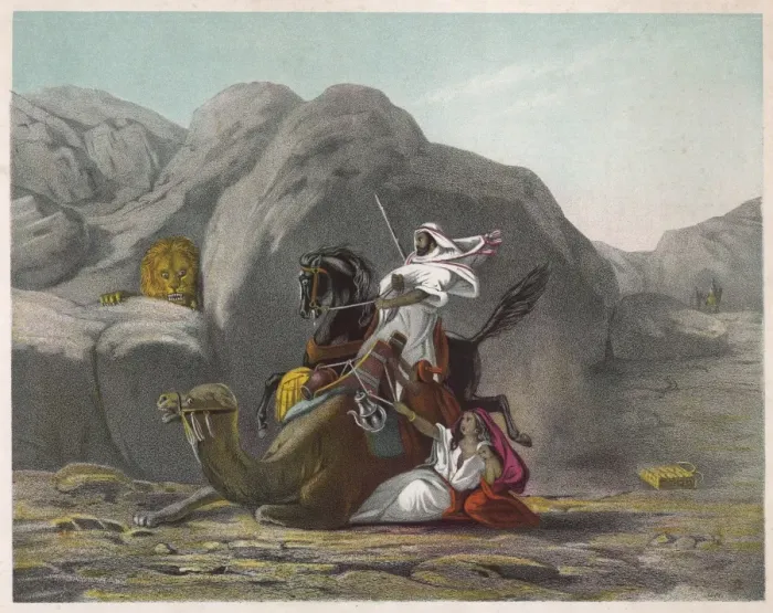 Framed Print : Arabs and Lion Framed Print : Arabs and Lion