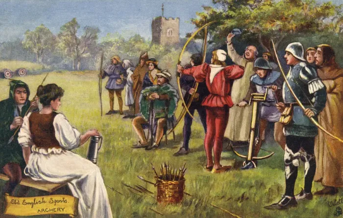 Framed Print : Archery. Old English Sports - Archery taking place in a medaeval setting. Date: 1908 Framed Print : Archery. Old English Sports - Archery taking place in a medaeval setting. Date: 1908