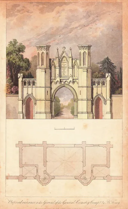 Framed Print : Architect's design, entrance to Highgate Cemetery, London Framed Print : Architect's design, entrance to Highgate Cemetery, London