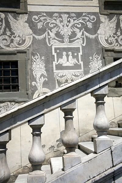 Pisa. Architectural detail and stairs on the Palazzo della Carovana in Pisa, Italy