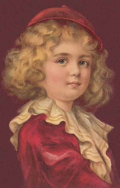Aristocratic child. Curly haired blue eyed child in a red velvet outfit with cream frill