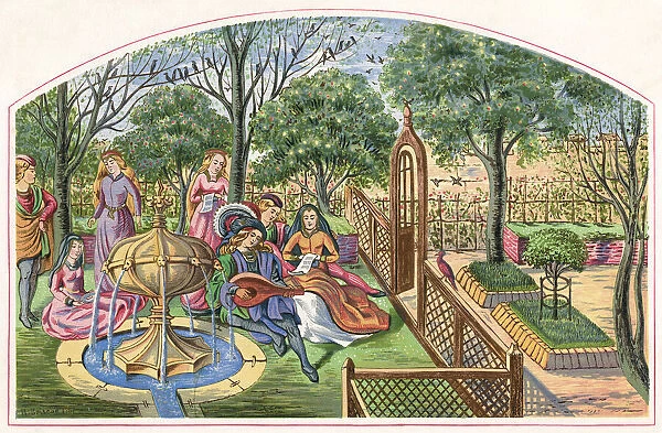 Aristocratic relaxation in the garden of Deduit - playing music as they sit round a