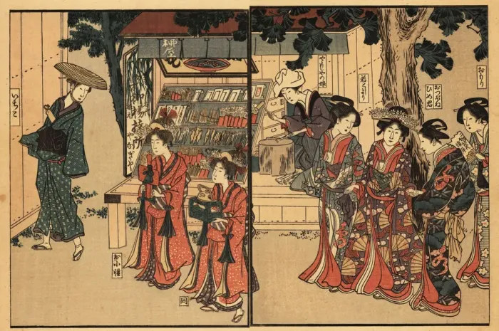 Framed Print : Aristocratic women parading past a ?shop, Tokyo Framed Print : Aristocratic women parading past a ?shop, Tokyo