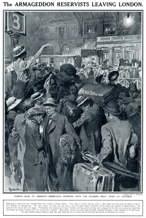 Framed Print : The Armageddon reservists leaving London, WW1, Matania Framed Print : The Armageddon reservists leaving London, WW1, Matania