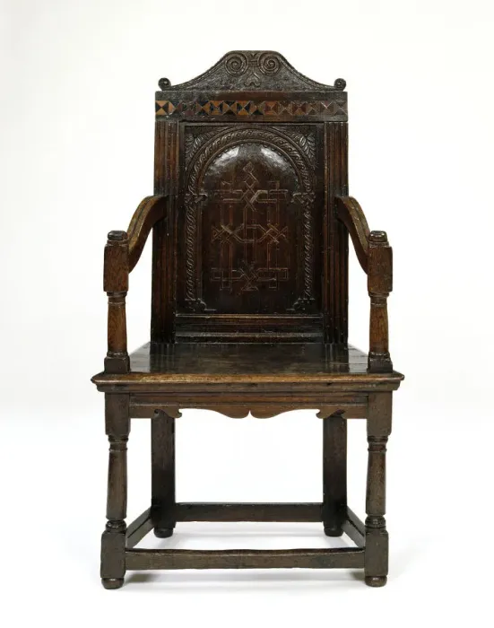 Framed Print : Armchair. Oak armchair with parquetry banding, inlaid decoration Framed Print : Armchair. Oak armchair with parquetry banding, inlaid decoration