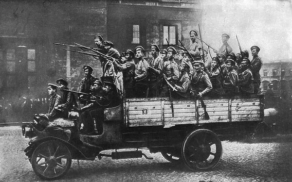 Armed soldiers riding in a truck, Petrograd, Russia