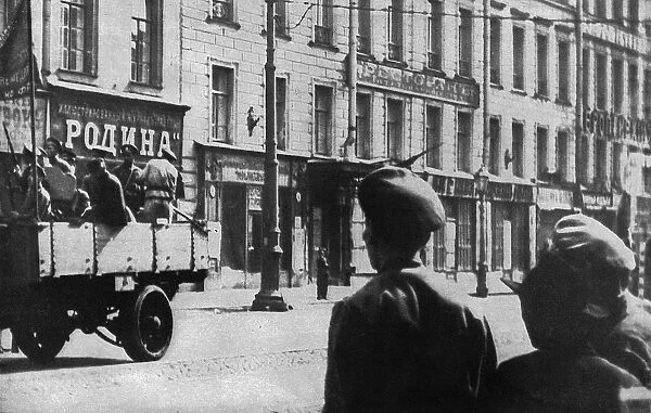 Armed soldiers riding in a truck, Russian Revolution