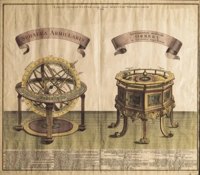Framed Print : Armilar sphere and planetarium (1774). SPAIN Framed Print : Armilar sphere and planetarium (1774). SPAIN