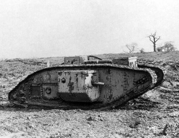Armoured tank on battlefield, Western Front, WW1