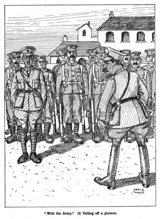 Framed Print : With the Army, Telling off a platoon, WW1 cartoon Framed Print : With the Army, Telling off a platoon, WW1 cartoon