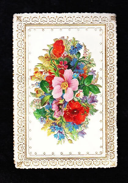 Arrangement of assorted flowers on a greetings card