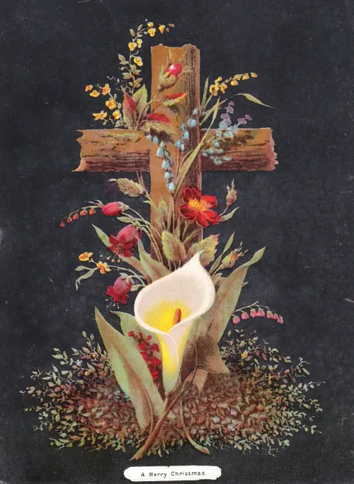 Framed Print : Arrangement of flowers around a cross on a Christmas card Framed Print : Arrangement of flowers around a cross on a Christmas card