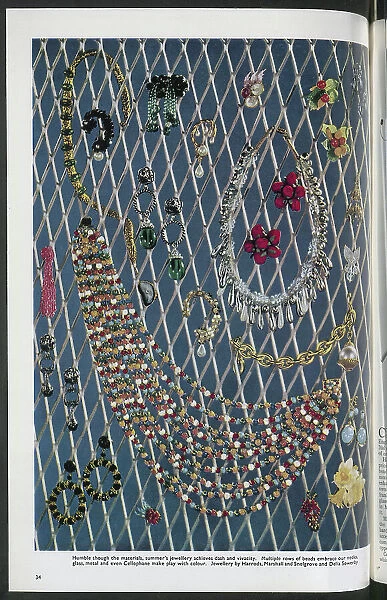 An array of colourful beads and ear-rings. Date: 1954
