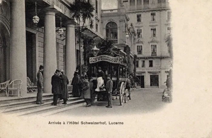 Framed Print : Arrival by private coach at the Hotel Schweizerhof, Luzern Framed Print : Arrival by private coach at the Hotel Schweizerhof, Luzern