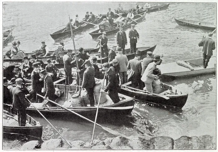 Framed Print : The arrival of the tins containing the young salmon at Teddington Weid pool to be released. Date: 1901 Framed Print : The arrival of the tins containing the young salmon at Teddington Weid pool to be released. Date: 1901