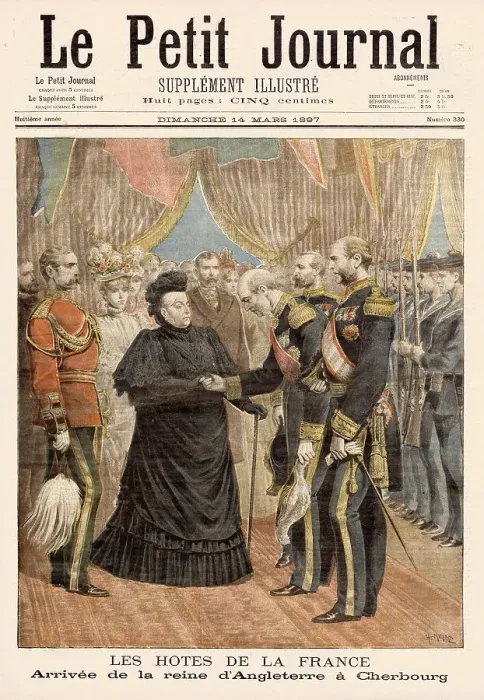 Framed Print : She arrives at Cherbourg, at the start of a spring visit to the south of France Date: 1897 Framed Print : She arrives at Cherbourg, at the start of a spring visit to the south of France Date: 1897