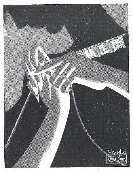 Art deco advert for Viyella knitting yarn, a silhouette of a lady's hands knitting. Date: 1931