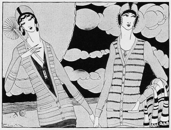 Art deco illustration of women in smart beach sweaters, 1924