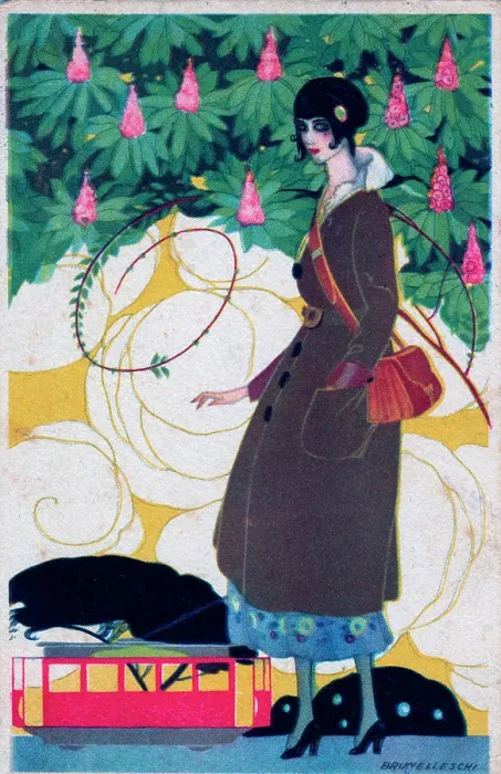 Framed Print : Art deco lady with handbag, long coat and high heels Framed Print : Art deco lady with handbag, long coat and high heels