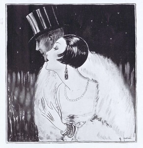 Art deco sketch by G. Peres of glamorous young lady and her