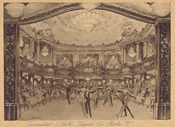 Art deco sketch of the interior of the Libelle dance palace