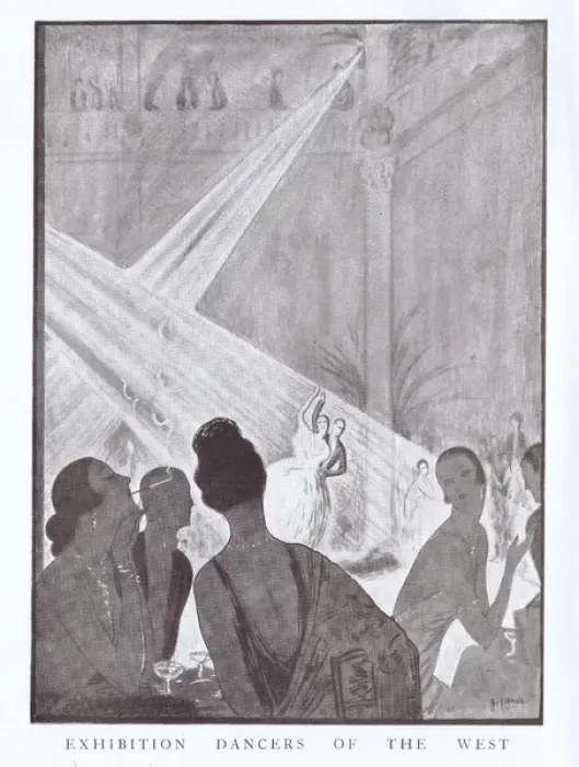 Framed Print : Art deco sketch by Peres of exhibition dancers in audience Framed Print : Art deco sketch by Peres of exhibition dancers in audience