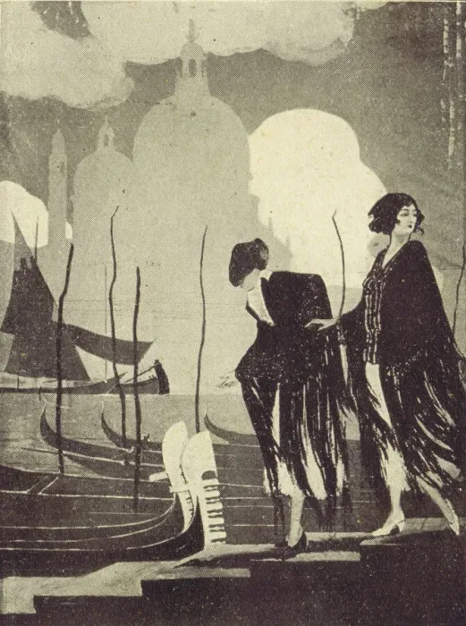 Framed Print : An art deco sketch of two women entering a gondola in Venice Framed Print : An art deco sketch of two women entering a gondola in Venice