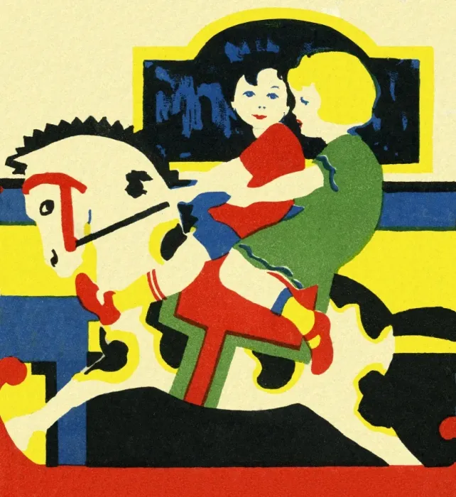 Framed Print : Art deco style children on a rocking horse Framed Print : Art deco style children on a rocking horse