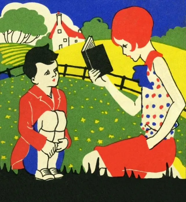 Framed Print : Art deco style girl reading to a boy Framed Print : Art deco style girl reading to a boy