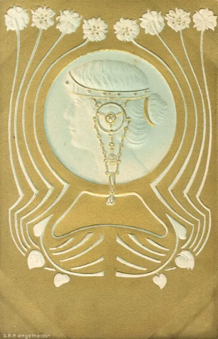 Framed Print : Art Nouveau abstract design with face in profile Date: early 20th century Framed Print : Art Nouveau abstract design with face in profile Date: early 20th century