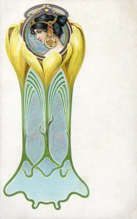 Framed Print : Art Nouveau floral design with woman in profile Date: early 20th century Framed Print : Art Nouveau floral design with woman in profile Date: early 20th century