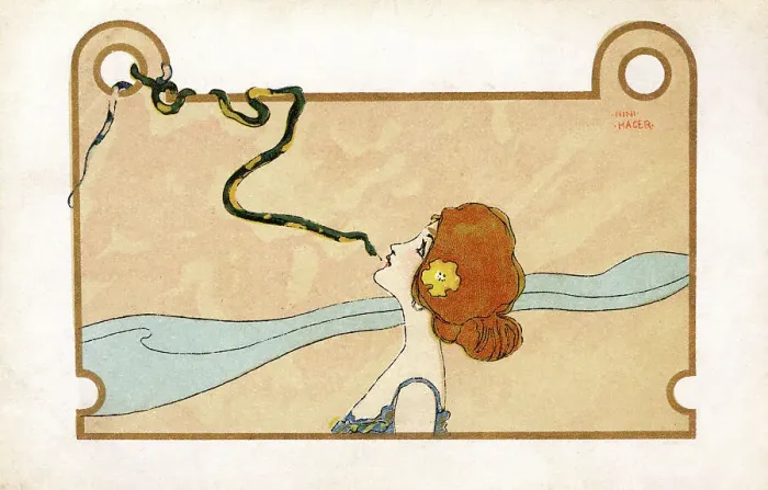 Framed Print : Art Nouveau - pretty girl kisses a green serpent Framed Print : Art Nouveau - pretty girl kisses a green serpent
