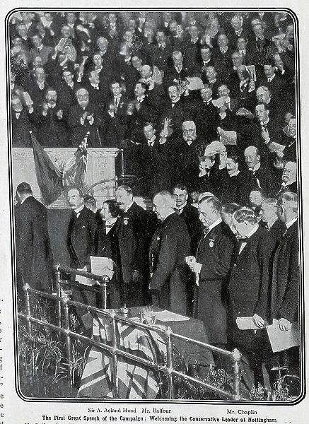 Arthur Balfour, leader of the Conservative party, speech, crowd scene. Captioned, The First Great Speech of the Campaign: Welcoming the Conservative Leader at Nottingham