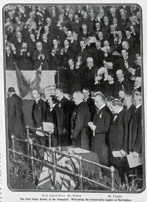 Framed Print : Arthur Balfour, leader of the Conservative party, speech, crowd scene. Captioned, The First Great Speech of the Campaign: Welcoming the Conservative Leader at Nottingham Framed Print : Arthur Balfour, leader of the Conservative party, speech, crowd scene. Captioned, The First Great Speech of the Campaign: Welcoming the Conservative Leader at Nottingham
