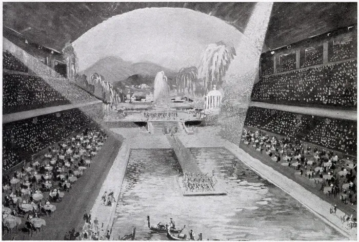 Framed Print : Artist's impression of Earl's Court with a lido pool made possible by lowering the foor. Date: 1937 Framed Print : Artist's impression of Earl's Court with a lido pool made possible by lowering the foor. Date: 1937