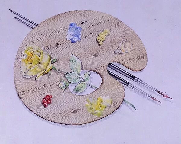 Artists palette with paint, brushes and yellow rose